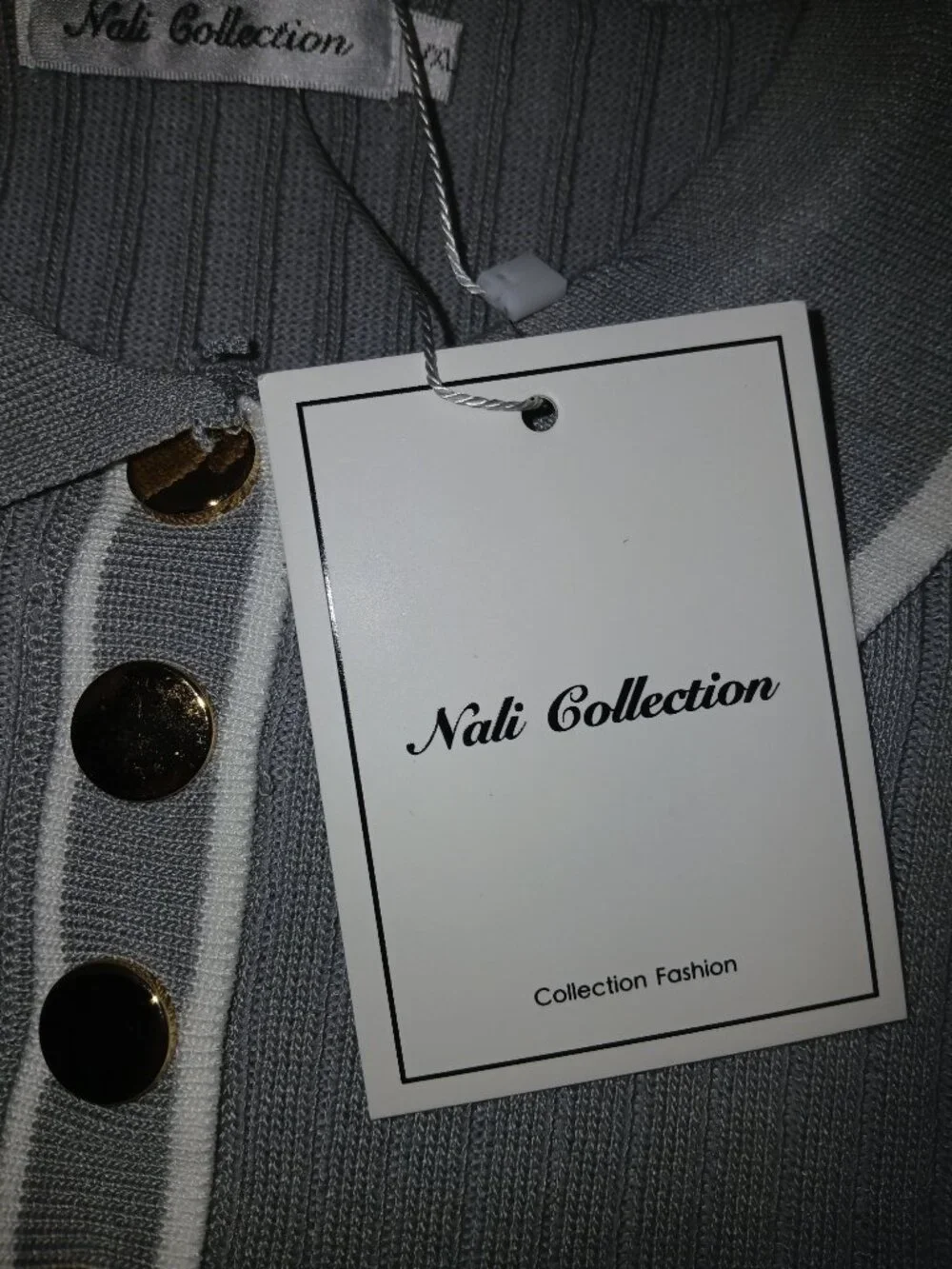 Nali Collection Ribbed Knit Button‑Front Top L/MXLGray White Trim - Picture 4 of 4